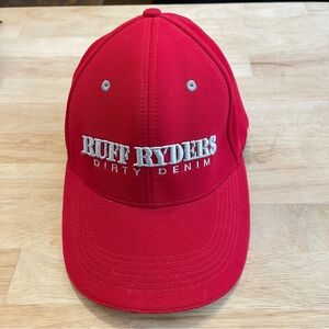 Vintage DMX Ruff Ryders Flex Fit Hat 1990s Dirty Denim Red Silver Stretch Band